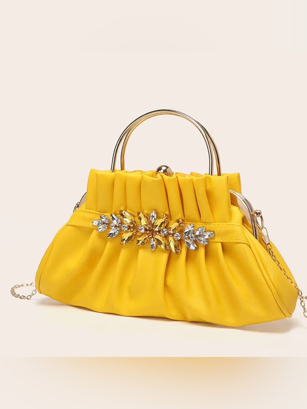 NWOT Medium Ruched Yellow Evening Handbag with Crystal Accent